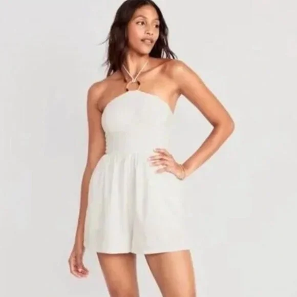 Old Navy O Ring Halter Romper Calla Lily White Linen Blend Smocked Beach Small - Picture 1 of 9
